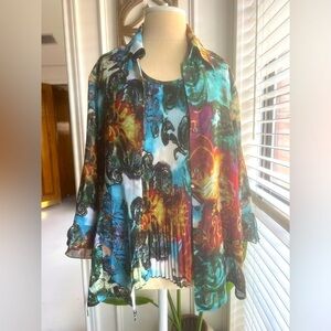 Essentials by Milano Women's Multicolor Sheer Floral Button-Up Top Size L